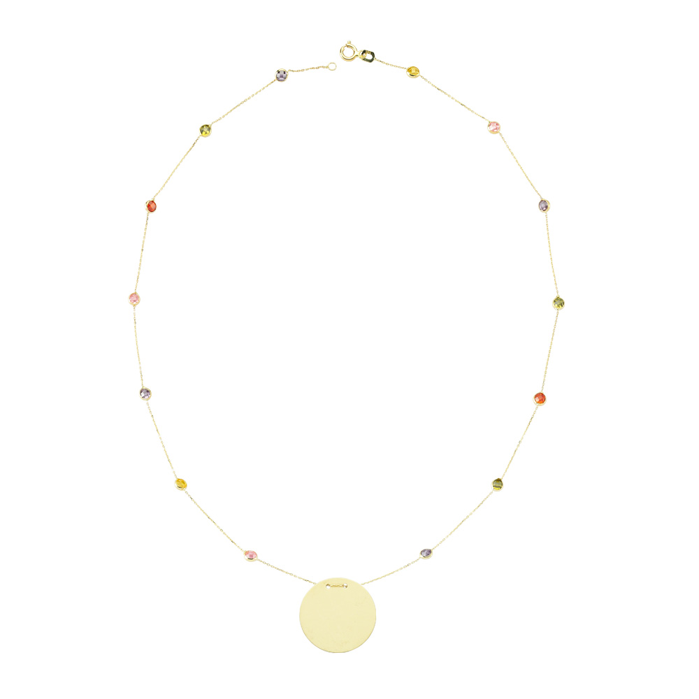 Glorria 14k Solid Gold Colored Pave Plate Necklace