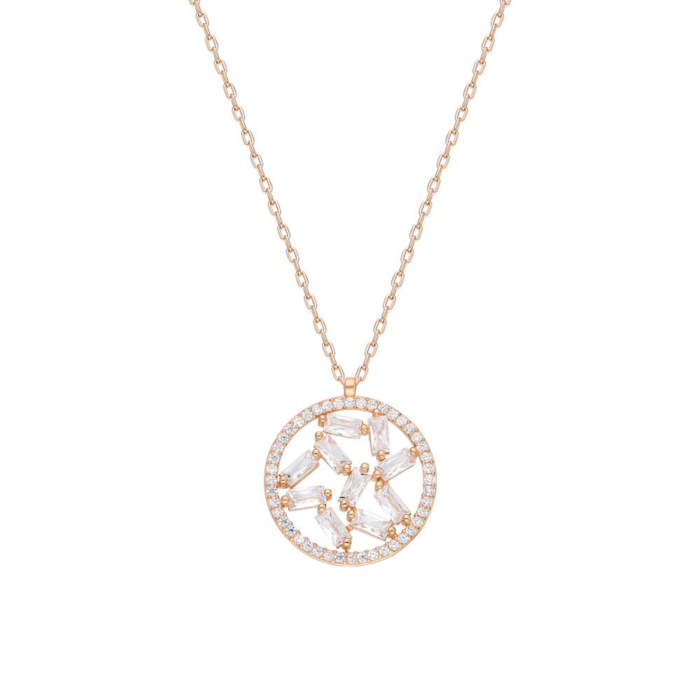 Glorria 925k Sterling Silver Baget Pave Round Necklace