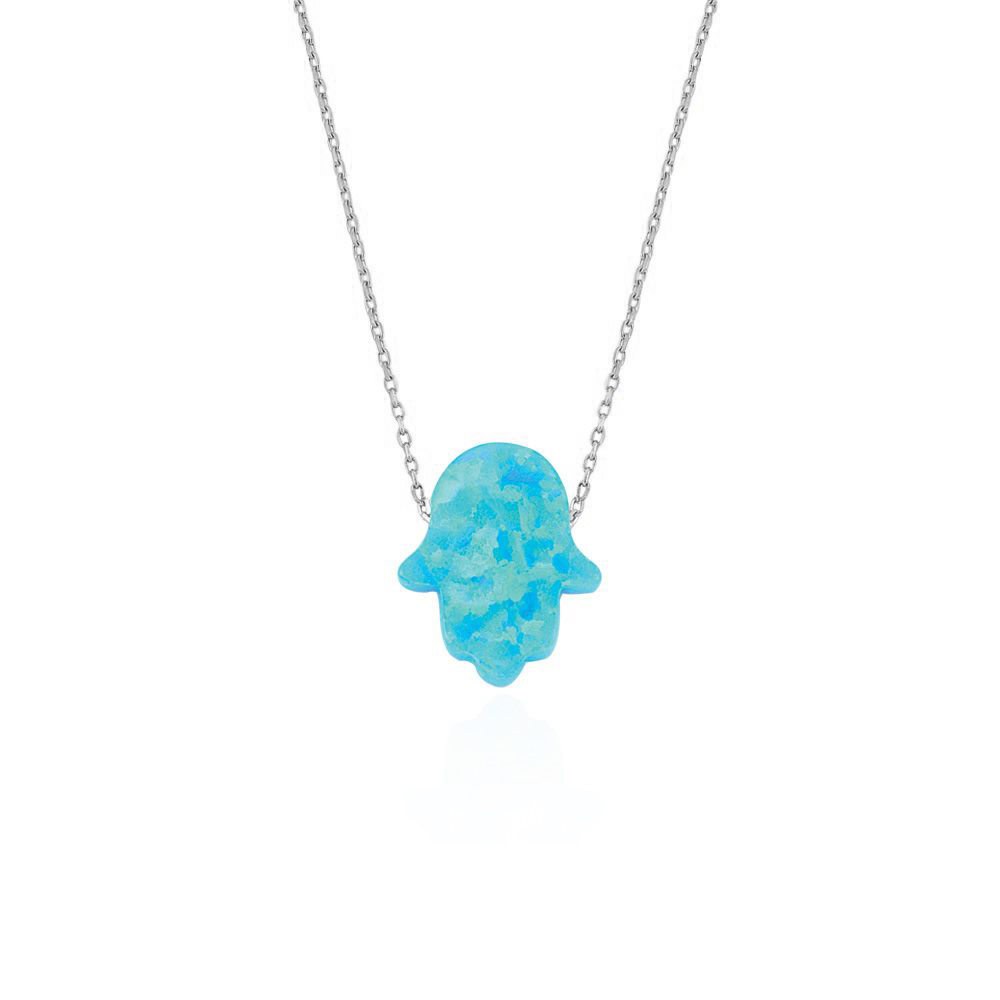 Glorria 925k Sterling Silver Opal Pave Hamsa Hands Necklace