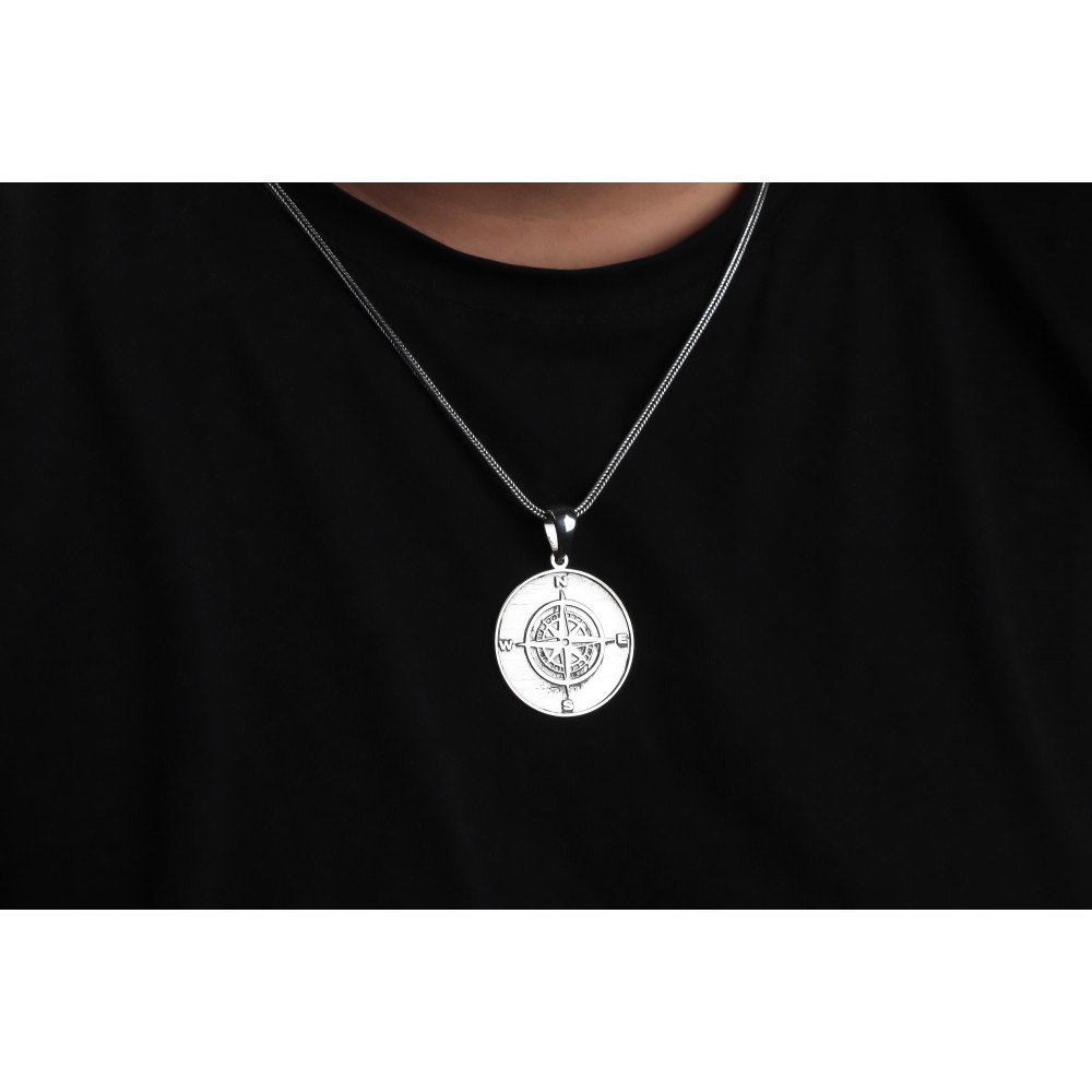 Glorria 925k Sterling Silver Men Compass Silver Necklace