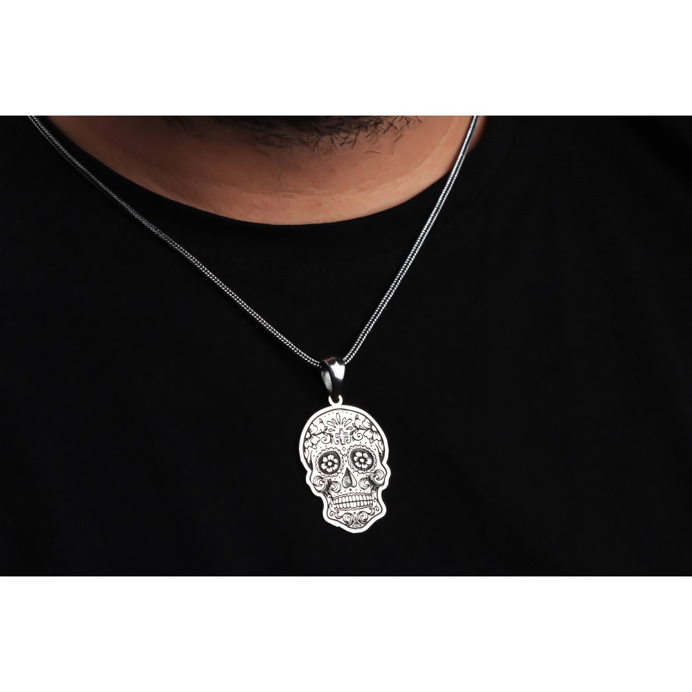 Glorria 925k Sterling Silver Men Skull Design Silver Necklace