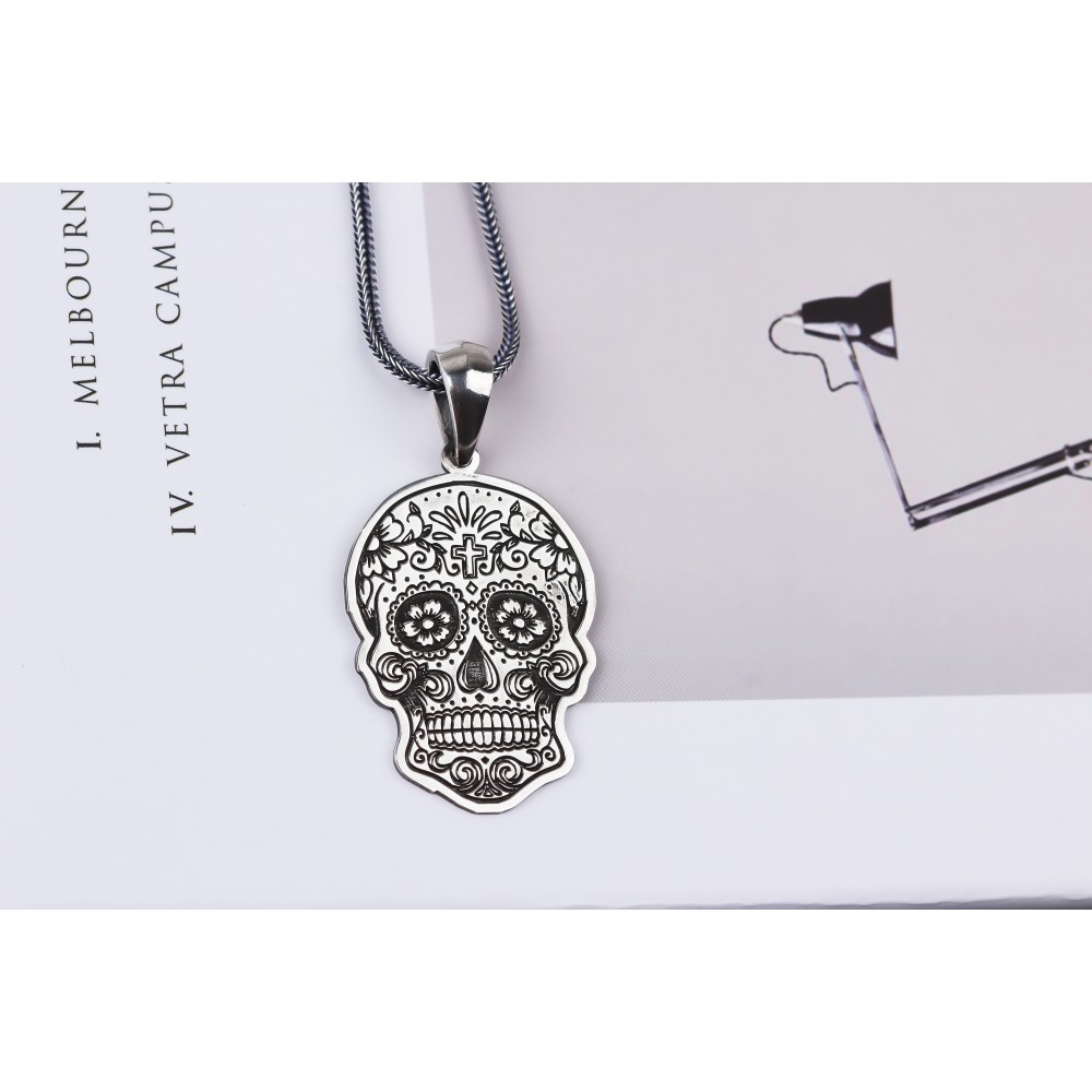 Glorria 925k Sterling Silver Men Skull Design Silver Necklace