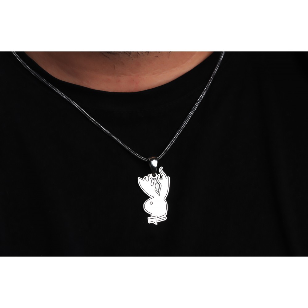 Glorria 925k Sterling Silver Men Playboy Silver Necklace