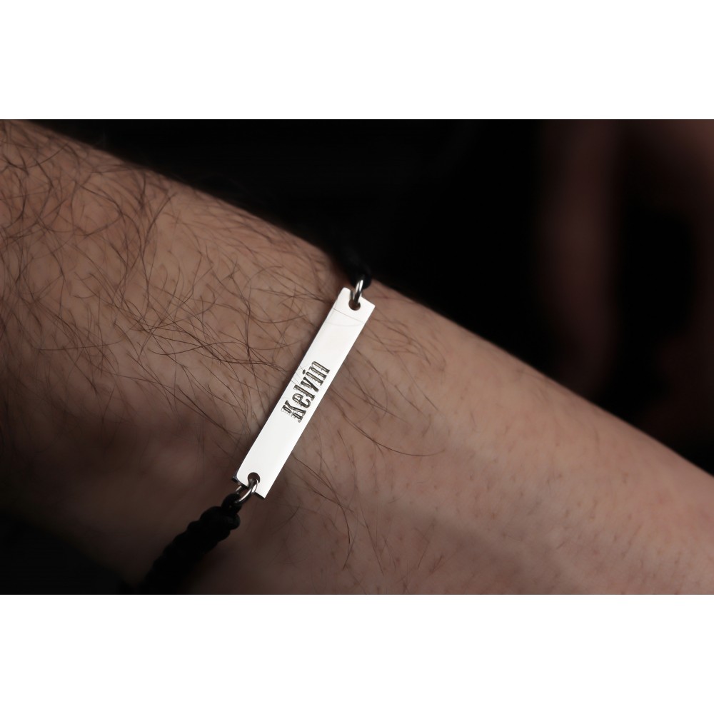 Glorria 925k Sterling Silver Men Personalized Black Corded Name Bar Sterling Silver Bracelet