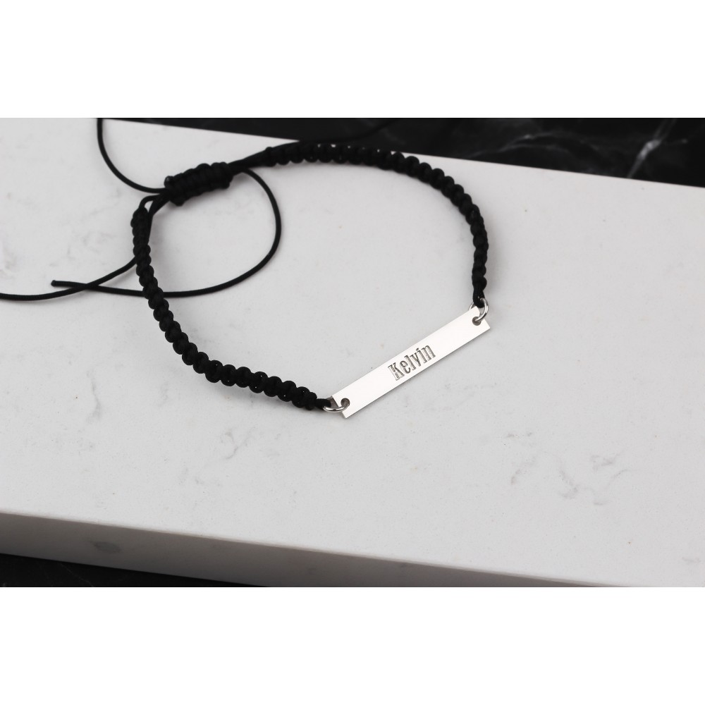 Glorria 925k Sterling Silver Men Personalized Black Corded Name Bar Sterling Silver Bracelet