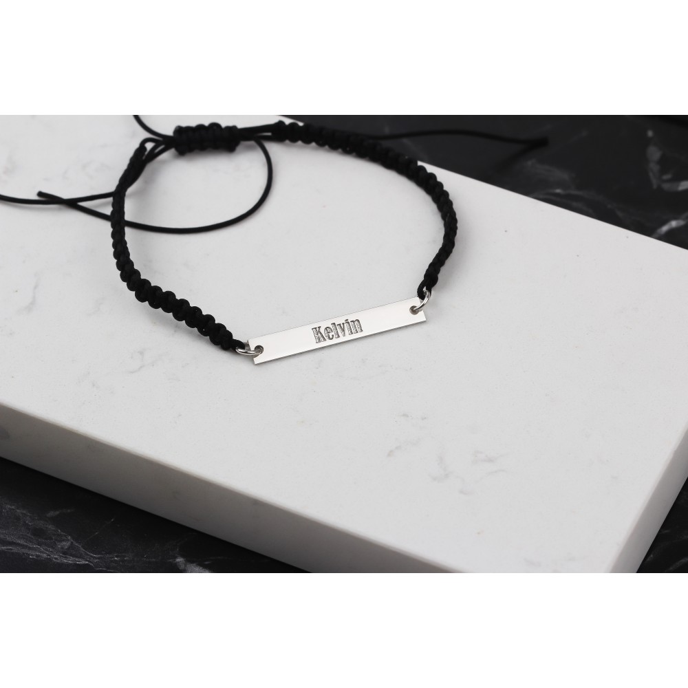 Glorria 925k Sterling Silver Men Personalized Black Corded Name Bar Sterling Silver Bracelet