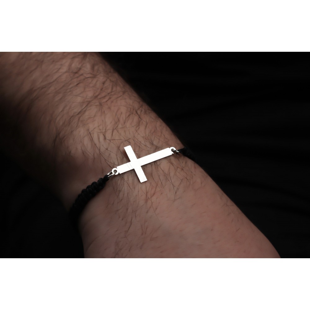 Glorria 925k Sterling Silver Men Black Corded Cross Sterling Silver Bracelet