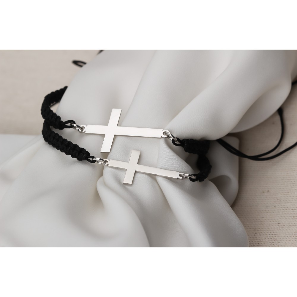 Glorria 925k Sterling Silver Men Black Corded Cross Sterling Silver Bracelet