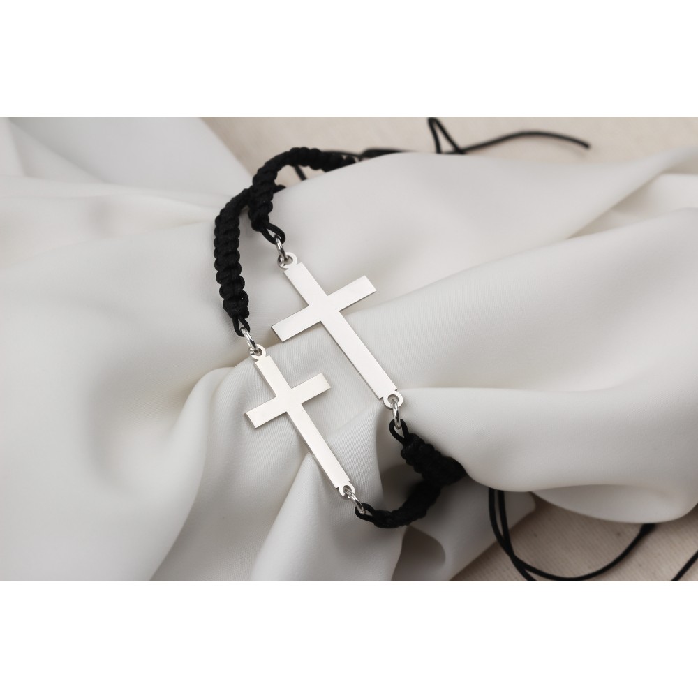 Glorria 925k Sterling Silver Men Black Corded Cross Sterling Silver Bracelet