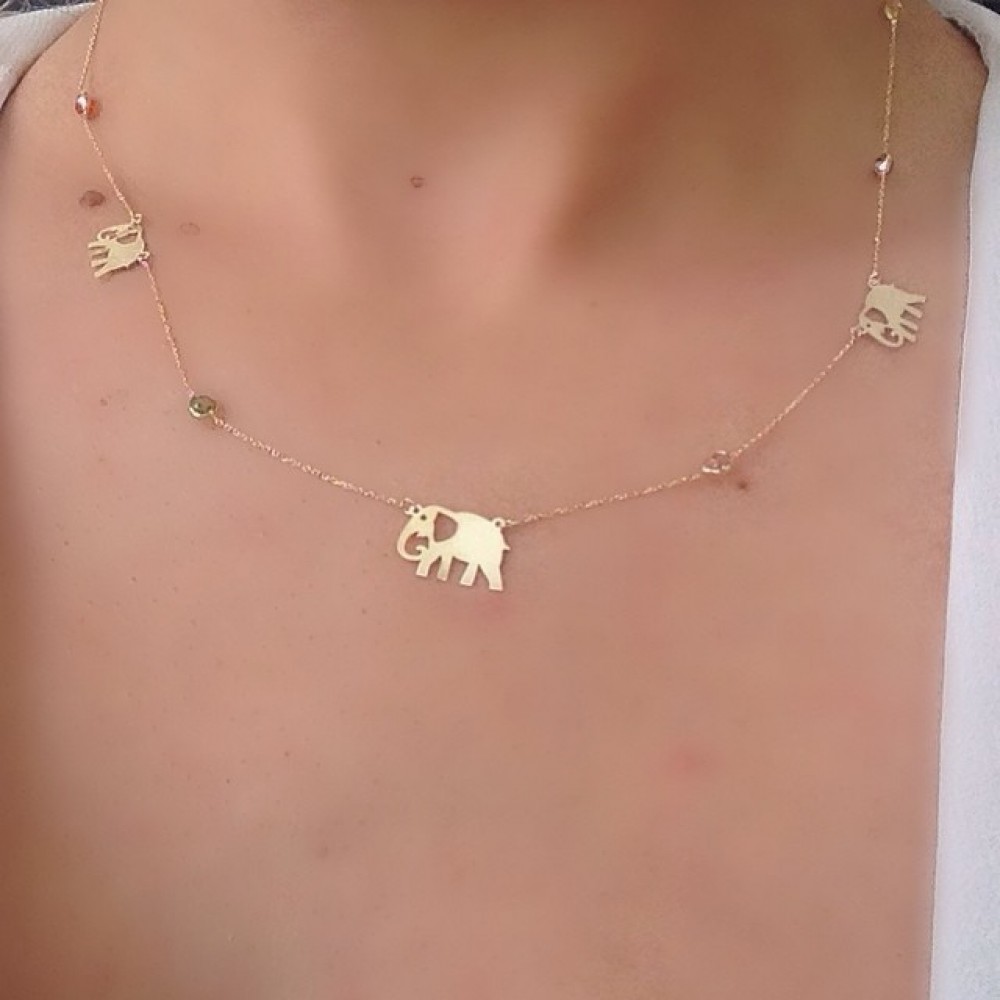 Glorria 14k Solid Gold Colored Pave Elephant Necklace