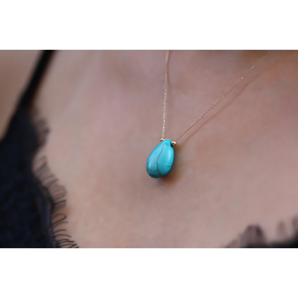 Glorria 14k Solid Gold Ball Turquoise Drop Necklace