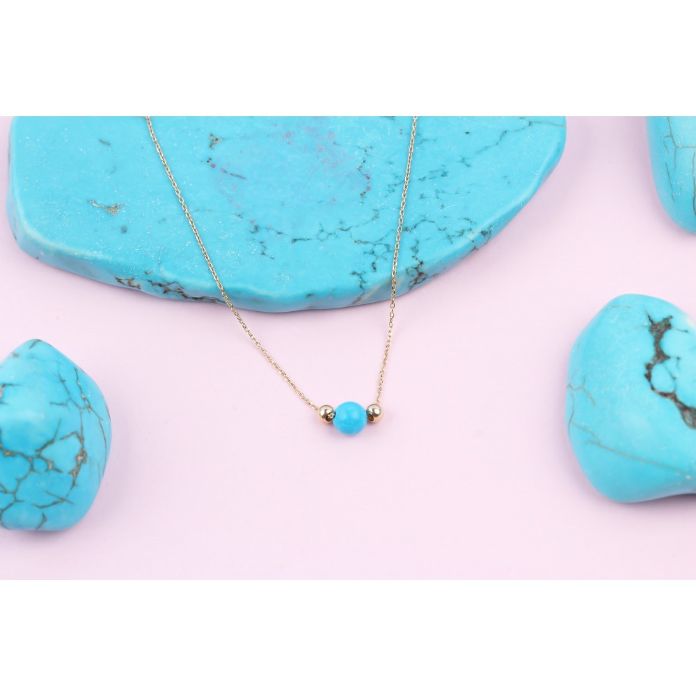 Glorria 14k Solid Gold Ball Turquoise Necklace