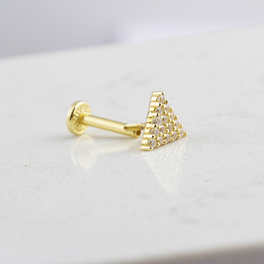 14K Solid Gold White Stone Triangle Tragus Piercing