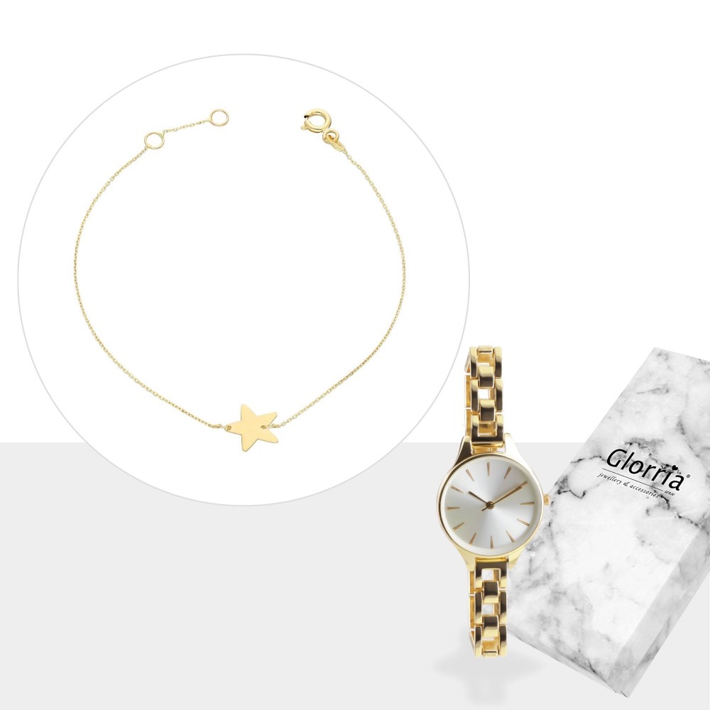 Glorria 14k Solid Gold Star Bracelet, Watch Gift Set