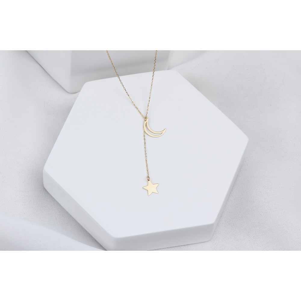 Glorria 14k Solid Gold Moon Star Necklace