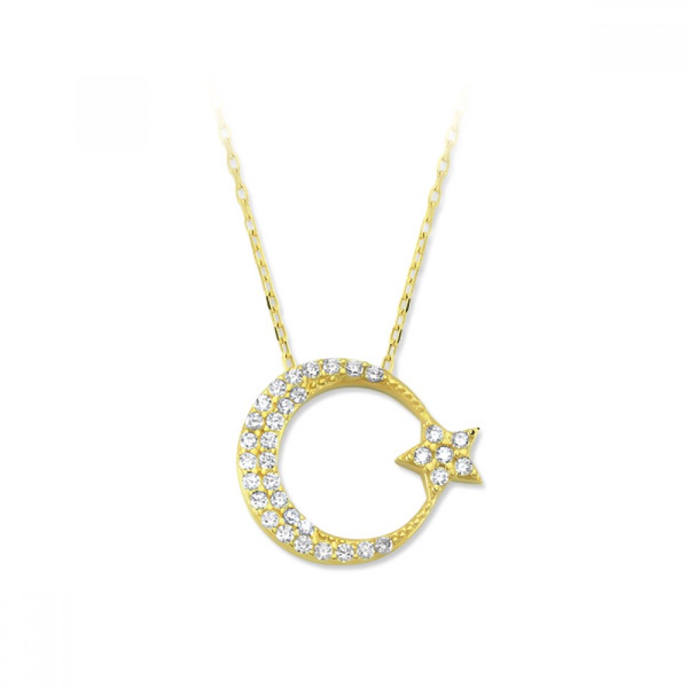 Glorria 14k Solid Gold Crescent And Star Necklace