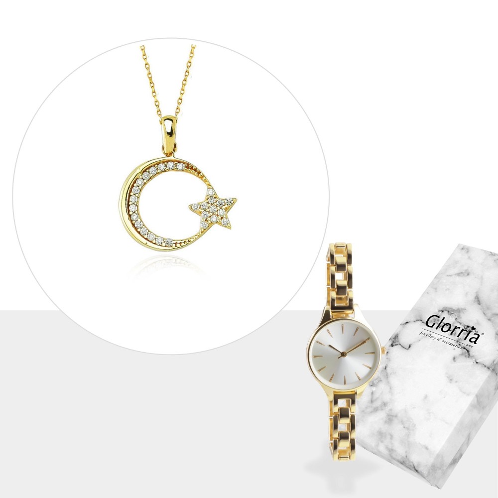 Glorria 8k Solid Gold Crescent And Star Necklace - GIFT SET