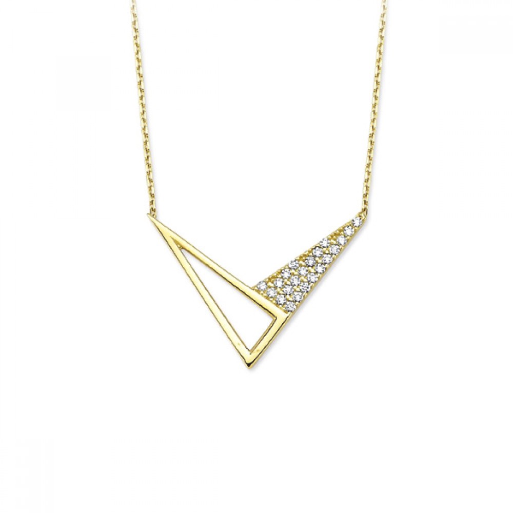 Glorria 14k Solid Gold Triangle V Pave Necklace